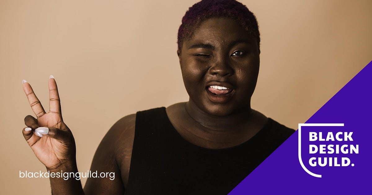 Image of a Black woman who is winking and showing the peace sign. On the left is the URL blackdesignguild.org and on the right is a purple triangle with the Black Design Guild logo.